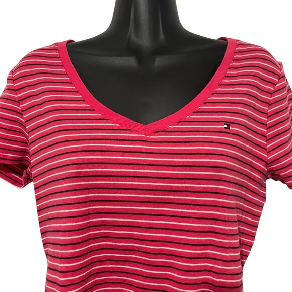 Tommy Hilfiger Womens Size M Red Blue White V Neck Striped Short Sleeve T-Shirt - Picture 3 of 10
